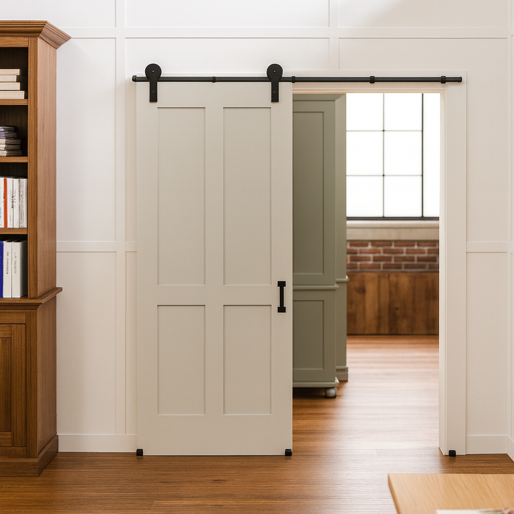 Barn door in a home office setting with wooden bookshelf and desk.