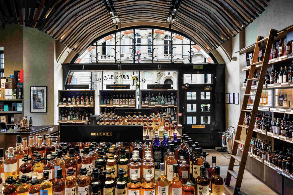 Bespoke rolling ladder system at Berry Bros. & Rudd Spirits Shop, London