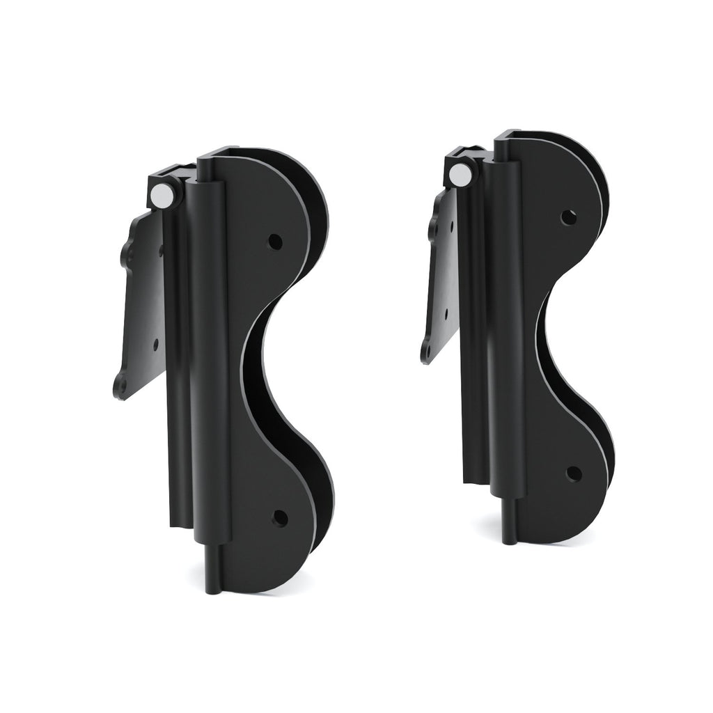 A pair of black stationary mounts for a mezzanine ladder, viewed from a side angle against a white background.