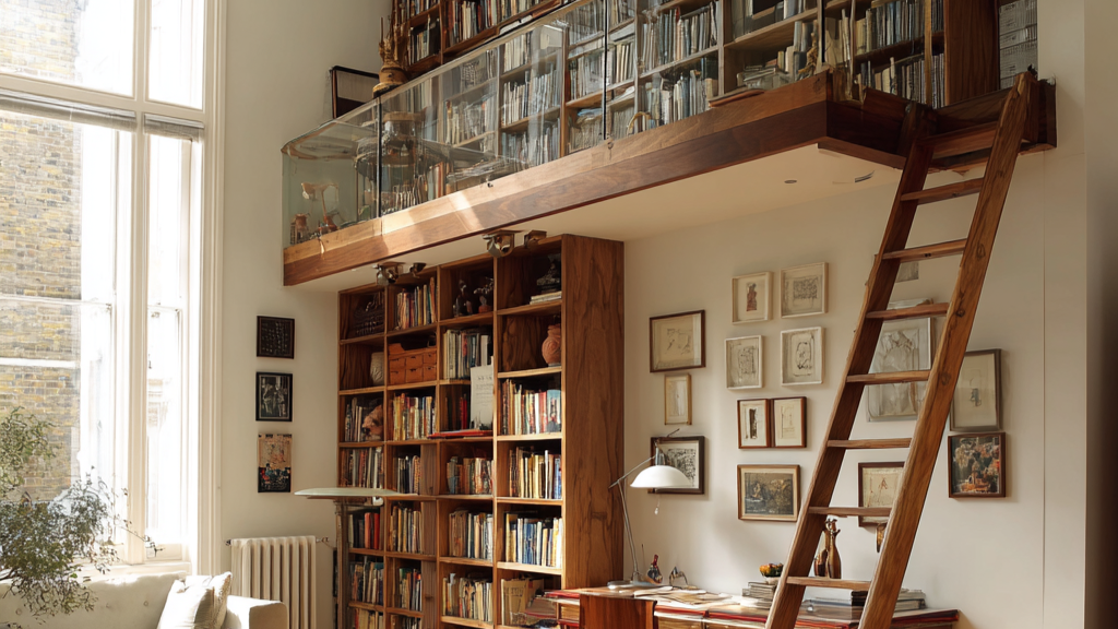 Wooden Mezzanine Ladder accessing a bookcase in cosy home