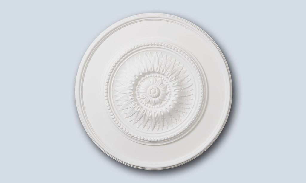 Neoclassical regal white ceiling rose in Studio Polymer, 60cm decorative ceiling centre for chandeliers, Studio No.10.