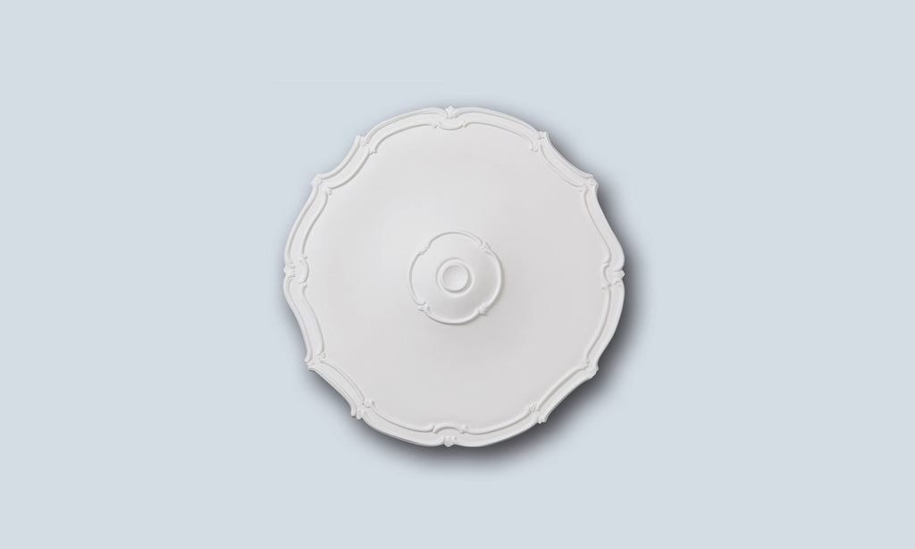Classic refined white ceiling rose in Studio Polymer, 48cm decorative ceiling centre for lighting, Studio No.16.