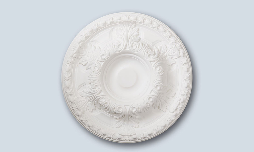 Traditional textured white ceiling rose in Studio Polymer, 60cm decorative ceiling centre for chandeliers, Studio No.18.