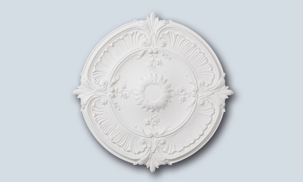 Neoclassical ornate white ceiling rose in Studio Polymer, 76.5cm decorative ceiling centre for chandeliers, Studio No.24.