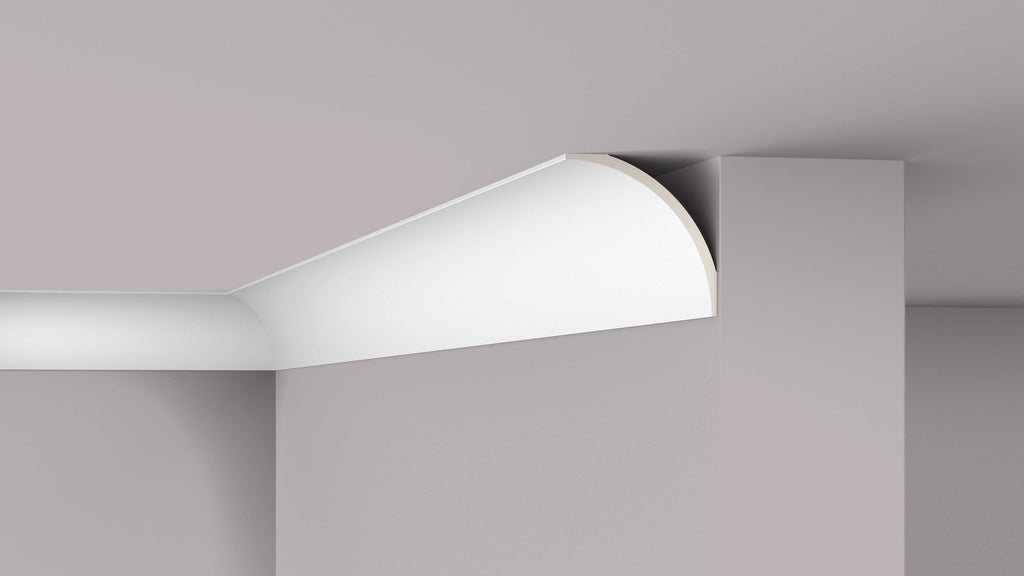  AD24 Studio Polymer polyurethane cornice with a stepped geometric Art Deco profile, pre-primed white.