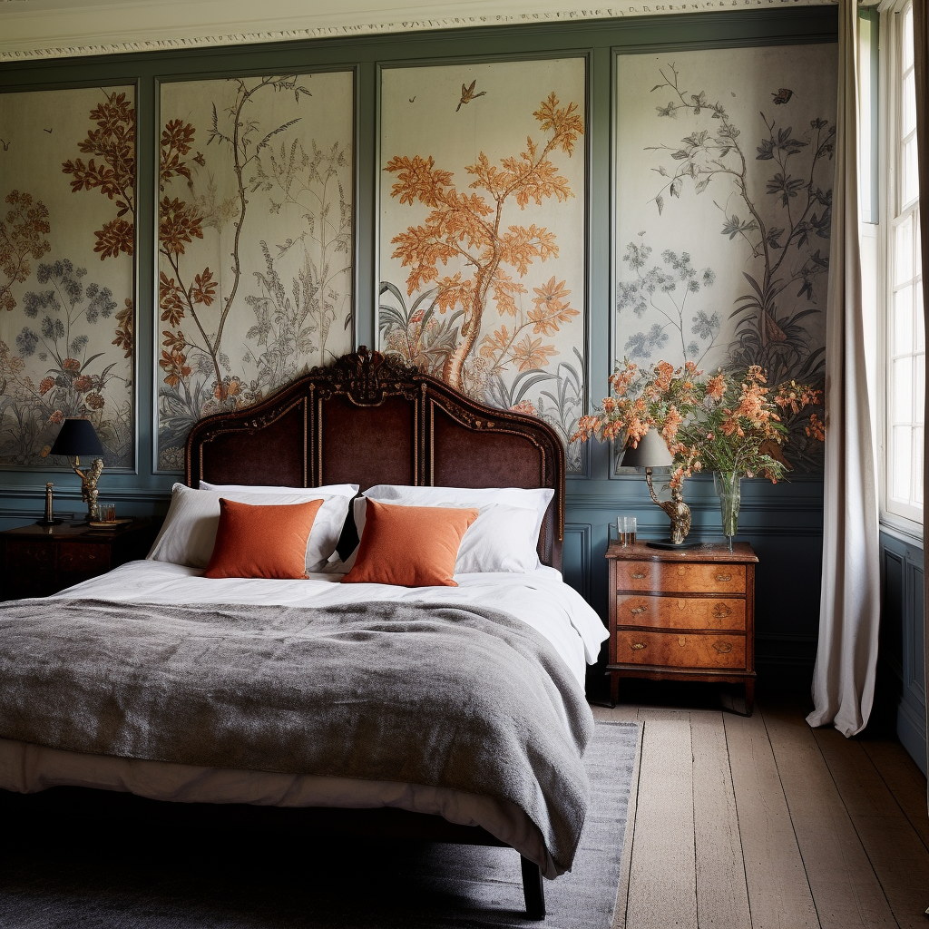 Bedroom wall panelling with wallpaper